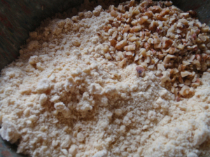 Creamed butter,sugar, flour,nuts.