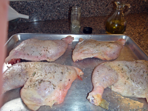 Chicken oiled, sprinkled with herb mix and ready for the grill by Connie Cockrel
